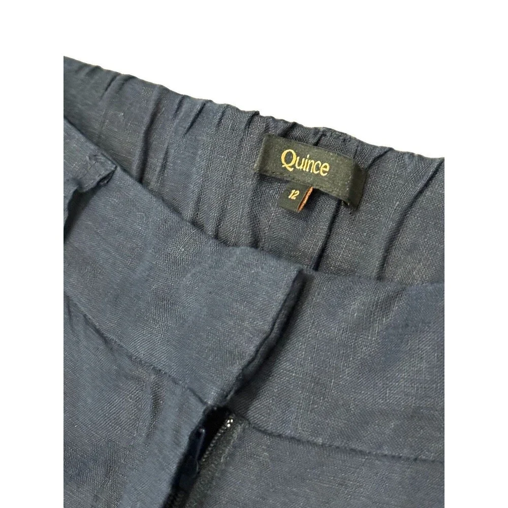 Quince 100% European Linen Navy Blue Pleated Trousers Women Sz 12 High Rise EUC
